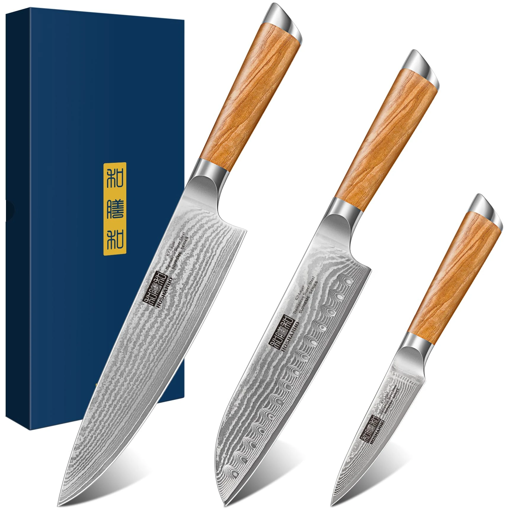 HOSHANHO Damascus Kitchen Knife Set, Ultra Sharp 8" Chef Knife, 7" Santoku Knife, 3.75" Paring Knife, Professional VG-10 Damascus Super Steel Chef Knife Set with Ergonomic Handle