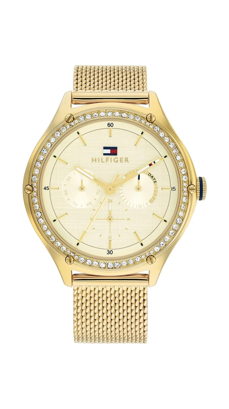 Tommy Hilfiger Analogue Multifunction Quartz Watch for Women with Gold Colored Stainless Steel Mesh Bracelet - 1782655