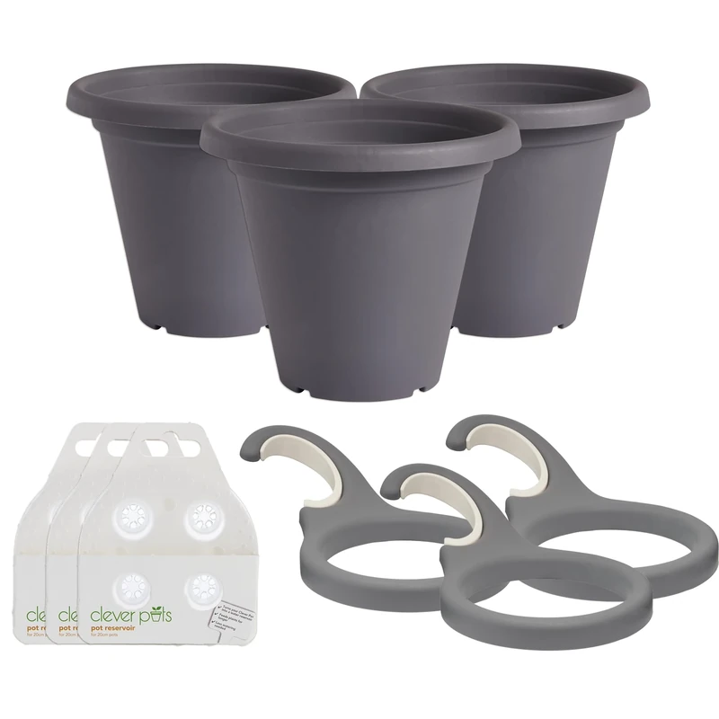 Clever Pots Drain Pipe Pot Bundle - Includes 3x 20cm Plastic Plant Pot, 3x Drain Pipe Flower Pot Holders, 3x Plant Pot Reservoir, Brighten Up Your Balcony/Garden or Outdoor Space, Charcoal