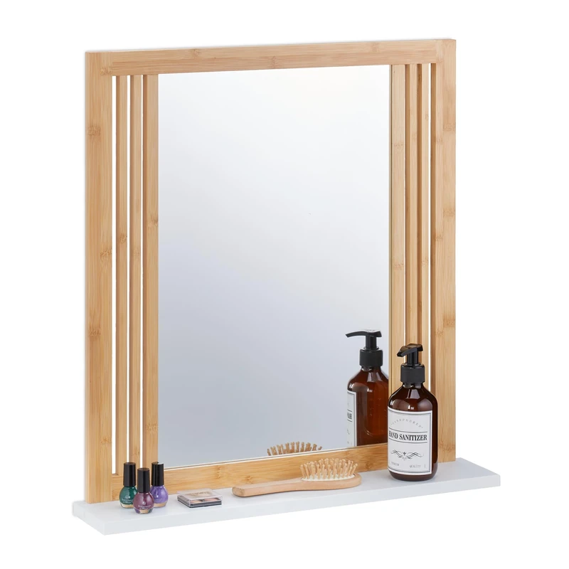 Relaxdays Bathroom Mirror with Shelf, Bamboo & MDF, Rectangular, HxWxD 56.5 x 54 x 10 cm, Wall Mounting, Natural/White