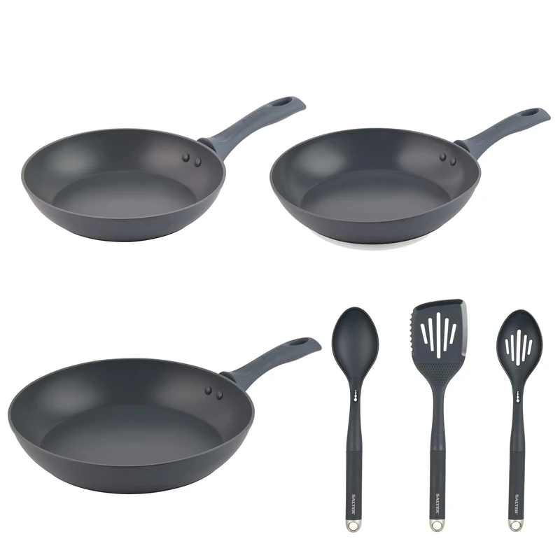 Salter COMBO-8695 Marino 6 Piece Utensil & Frying Pan Set - 24/28/30cm Non-Stick Induction Frying Pans, Forged Aluminium, Heat Resistant Nylon Utensils, Slotted Spatula, Slotted Spoon, Solid Spoon