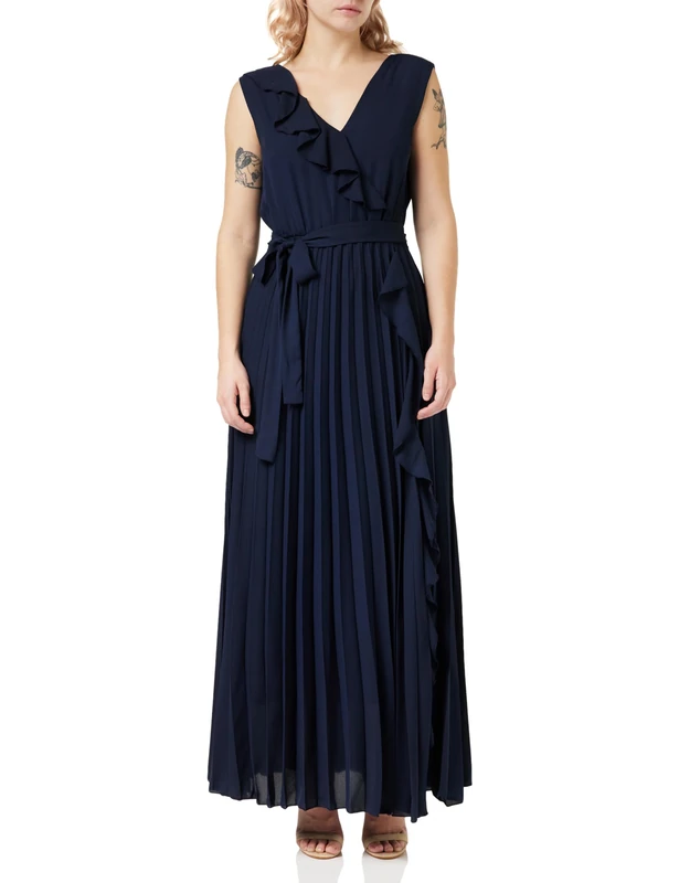 Gina Bacconi Maxi Dress with Frill Detail and Pleat Skirt, Navy, S
