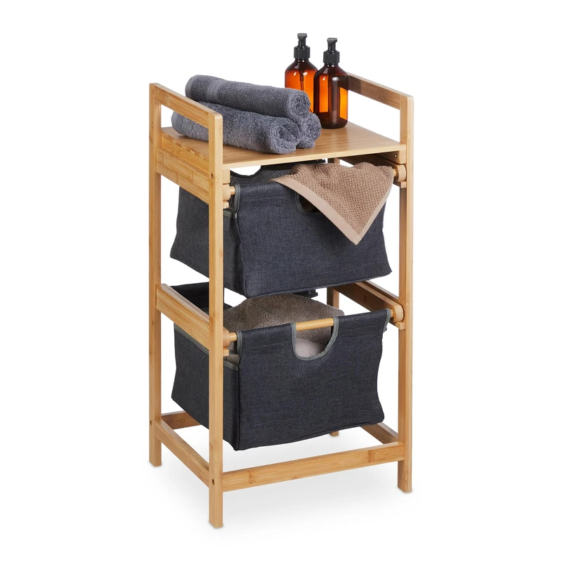 Relaxdays Laundry Basket, Bamboo, Pull-Out Drawers, 2 Compartments & 1 Shelf, HWD: 73 x 36.5 x 33 cm, Natural/Grey