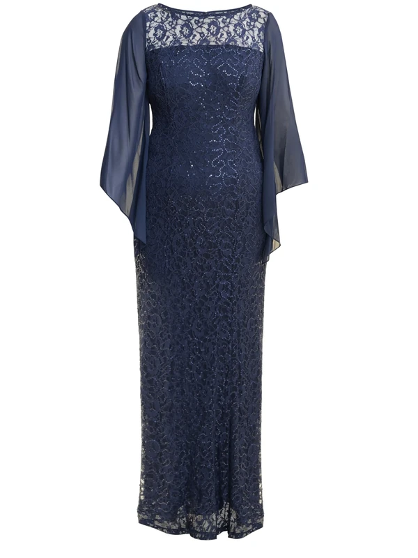 Gina Bacconi Women's Long Fit and Flare Dress Neckline and Illusion Capelet Sleeves Cocktail, Navy, 14