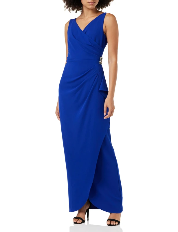 Gina Bacconi V Neck Tulip Gown with Embellishment At The Waist Side and Ruching, Cobalt, 12