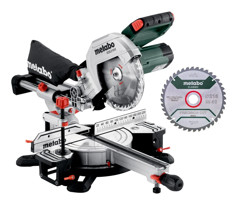 metabo KGS 216 M Mitre Saw Set - 613216900 - With Precision Cut Line, 216 mm 2nd Carbide Saw Blade and Pull Function - 2 m Cable Length