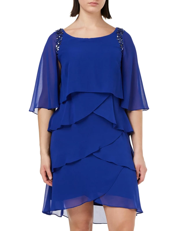 Gina Bacconi Bead Shoulder Tier Attached Cape Dress, Royal, 22