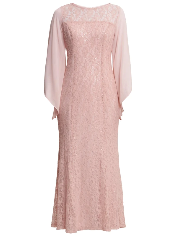 Gina Bacconi Women's Long Fit and Flare Dress Neckline and Illusion Capelet Sleeves Cocktail, Rose Pink, 6