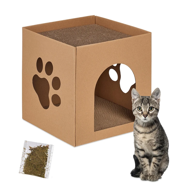 Relaxdays Cat House Cardboard, Kitten Cave Cat Hide Scratching Board, Easy Assembly, Incl. Catnip, 30 x 30 x 30.5 cm, Brown