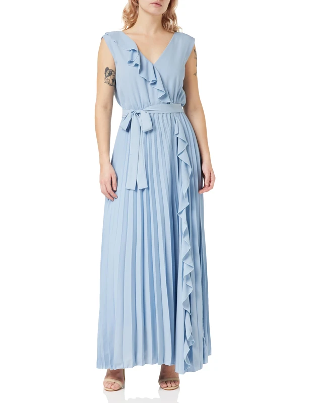 Gina Bacconi Maxi Dress with Frill Detail and Pleat Skirt, Light Blue, M
