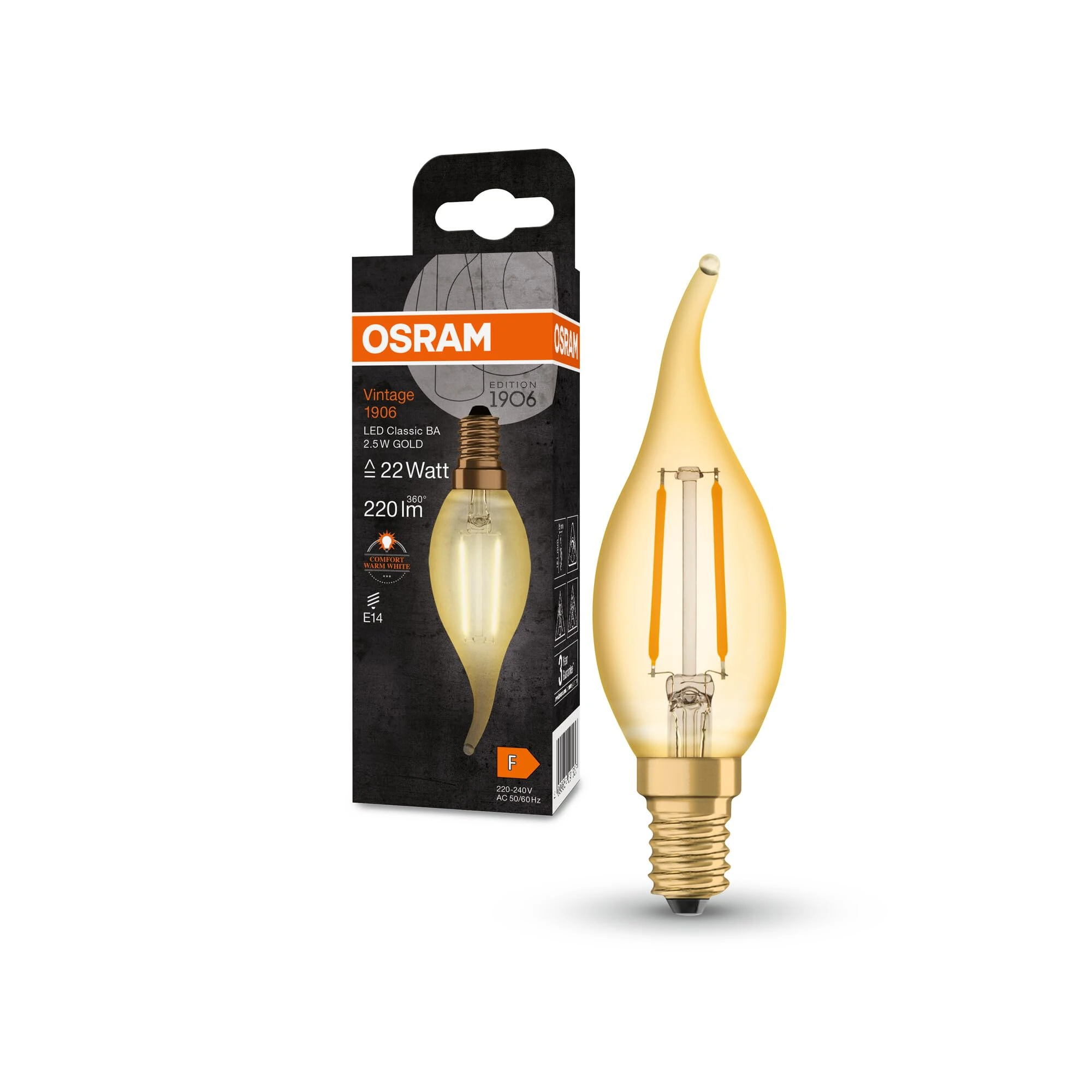 OSRAM Vintage 1906 Classic Ba Fil Led Lamp, E14, Bent-Tip Candle, Gold, 2.5W, 220Lm, 2400K, Warm White Comfort Light Color, Very Low Energy Consumption, Long Life