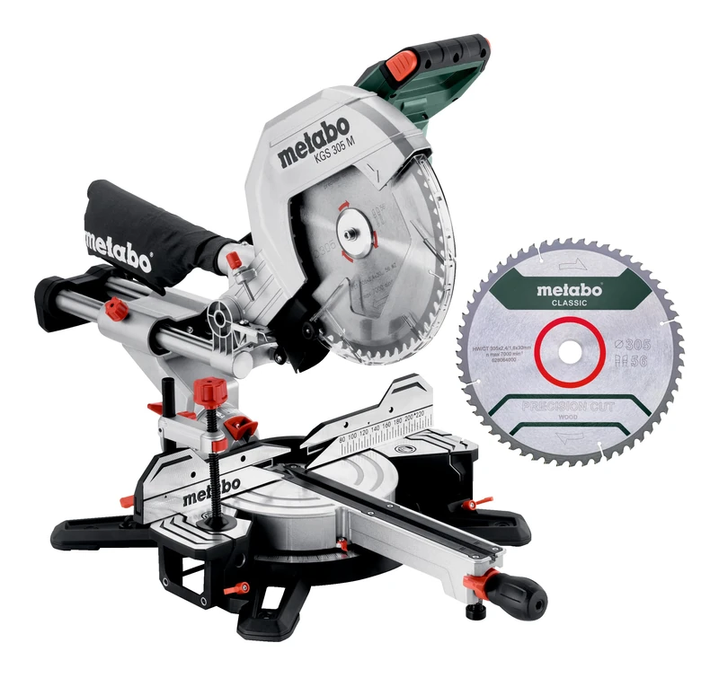 Metabo Mitre Saw KGS 305 M 613305900 - Green, 18.6kg, 230V, 1600W, 47° Cut Angle, 2x Carbide Blade, Dust Extraction Adapter, Miter Gauge, Rip Fence