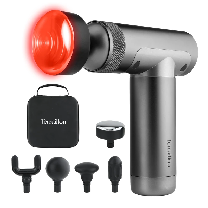 TERRAILLON - Muscle Massager Muscle Massage Gun, 3 speeds 1800-3200 RPM, relieves and Relaxes Muscles, 5 Silicone Tips Including 1 Heating at 2 Levels, USB-C, case Included