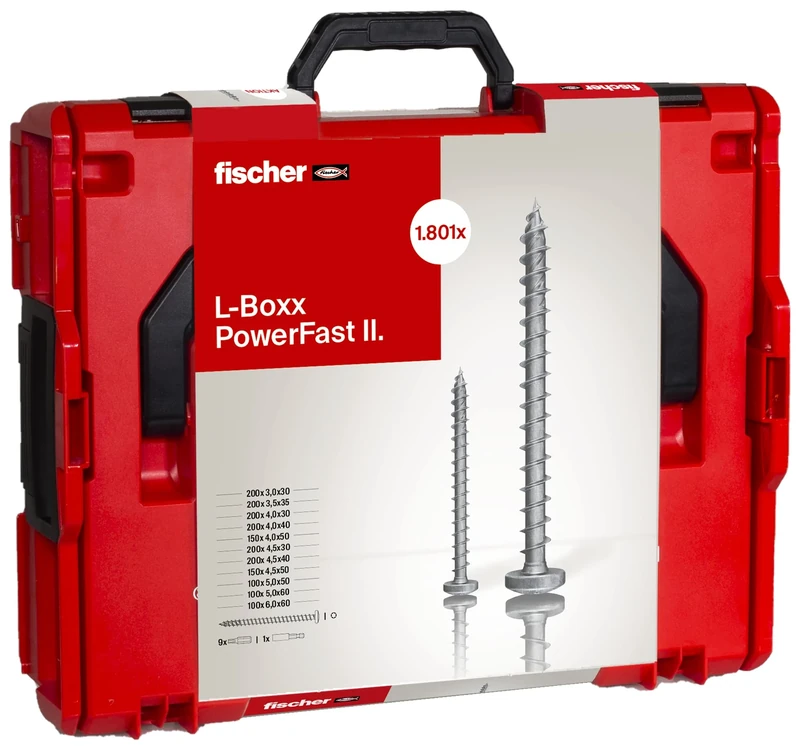 fischer PowerFast II Panhead in The Handy L-BOXX, 1,800 x PowerFast II Screws in Various Sizes with Full Thread, chipboard Screw for Quick and Flexible Processing, incl. bit Set
