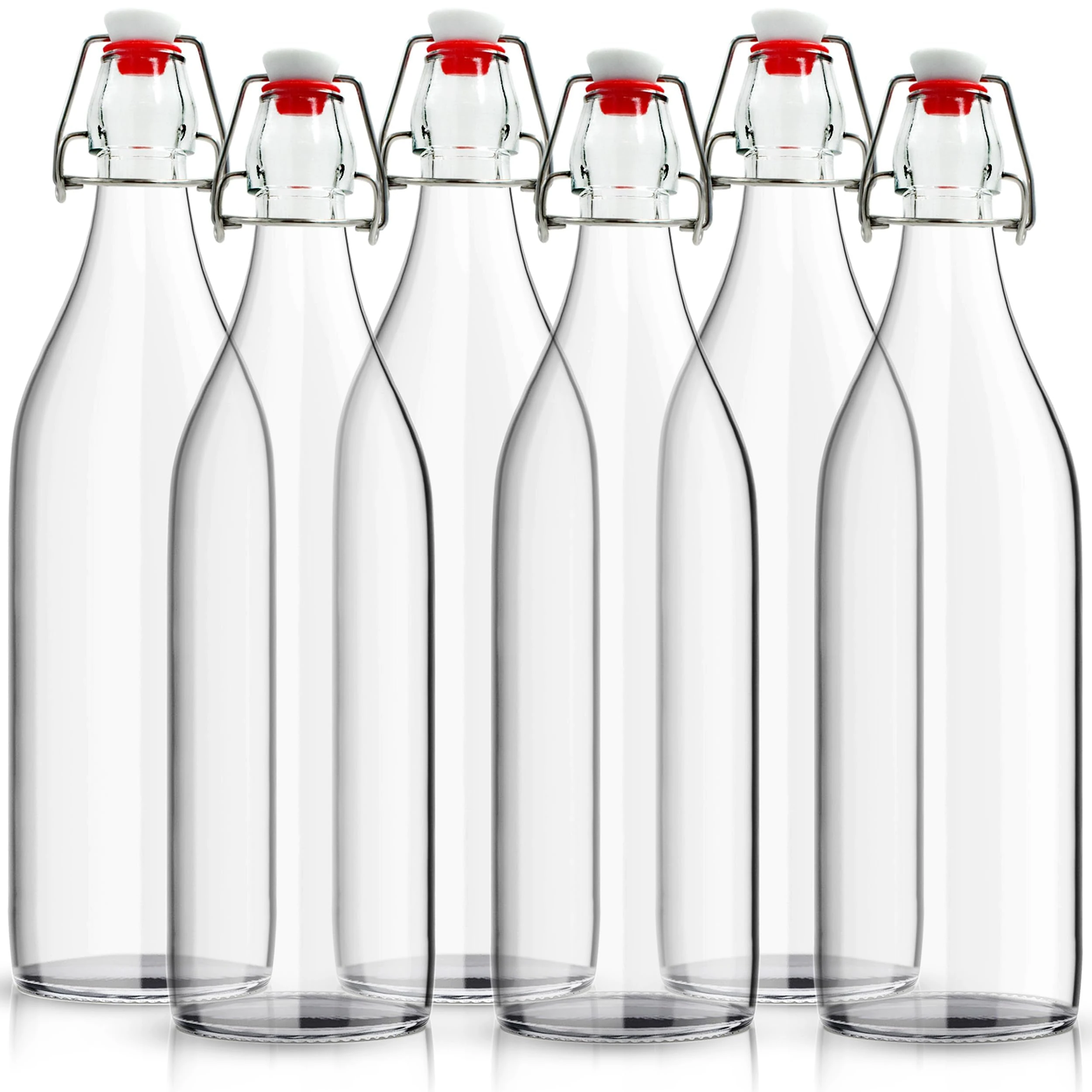 volila Glass Bottles with Stoppers - 1000ml Clear Swing Top Bottle for Homebrewing and Beverages - 1L Flip Top Bottles with Leak Proof Caps, Labels, Pen and Funnel (6 Pack)