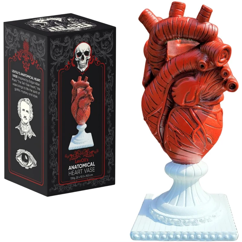 Gothic Anatomical Heart Vase - 9 Inch Human Heart Shaped Flower Pot - Inspired by Edgar Allan Poe’s Dark Romance Story Annabel Lee - Goth Decor Gift for Women, Witchy Altar, Spooky Horror Home Vase