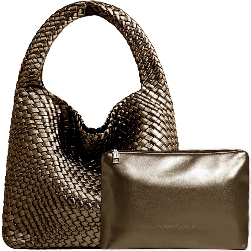 JINMANXUE Women Vegan Leather Hand-Woven Tote Handbag Fashion Shoulder Top-handle Bag All-Match Underarm Bag with Purse, Bronze