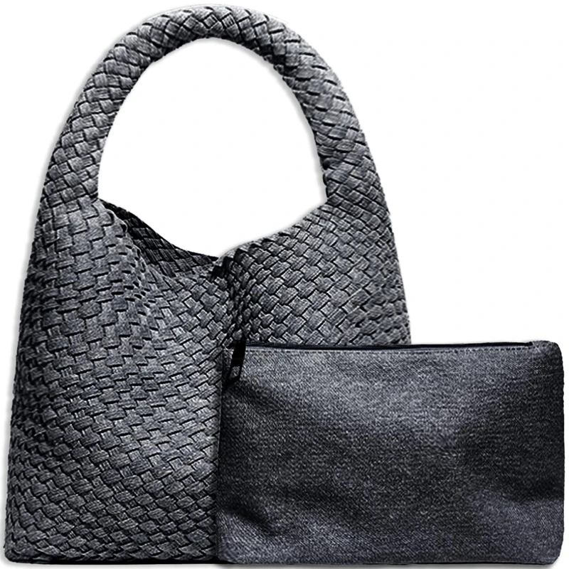 JINMANXUE Women Vegan Leather Hand-Woven Tote Handbag Fashion Shoulder Top-handle Bag All-Match Underarm Bag with Purse, Denim Black