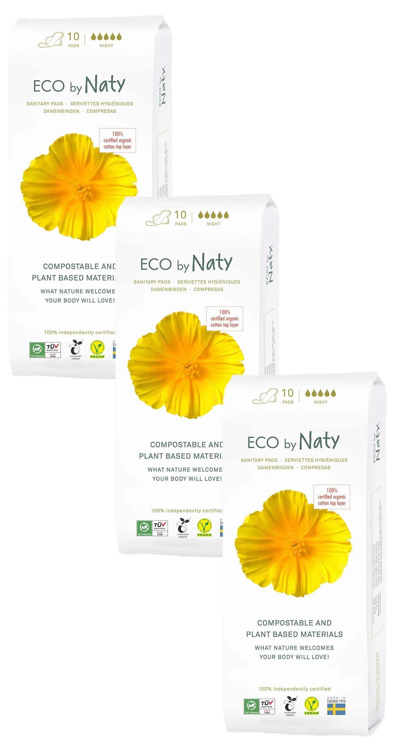 Eco by Naty Sanitary Pads Night – Plantbased and Absorbent for Women, Organic Cotton Menstrual Product, Better for Feminine Health (10 Count)