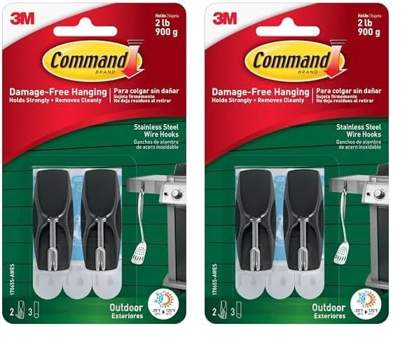 Command Outdoor BlackStainless Steel Wire Hooks, 17065AW, 2 Hooks, 3 Stripsy (Pack of 2)