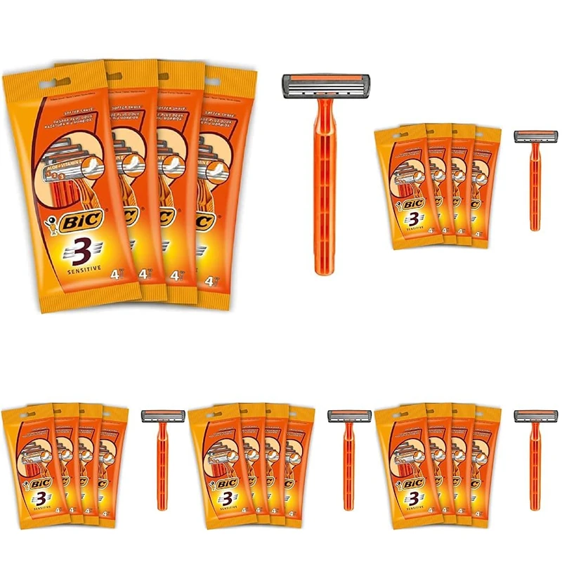 BIC 3 Sensitive, Men's Disposable Razors, Fixed Head Triple Blade for a Close Shave, Bundle of 20 Packs of 4