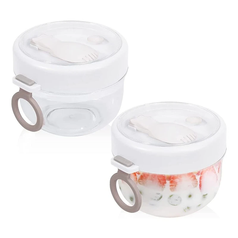 Herklotzn Overnight Oat Containers with Lid and Spoons 2 PCS, 20Oz Portable Plastic Yogurt Jars, Leakproof Dessert Cups White