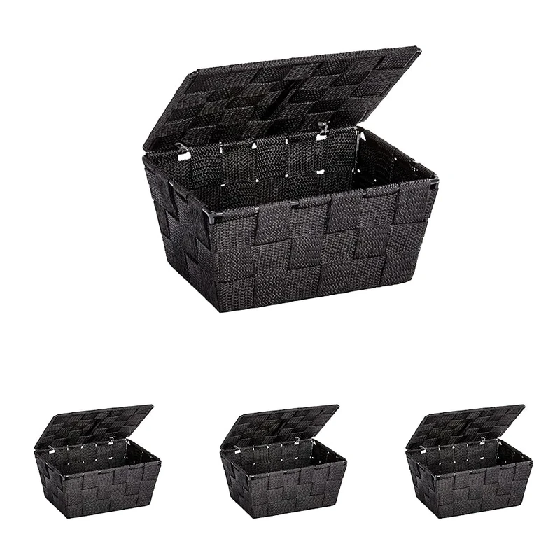 WENKO Storage Adria Black with lid-bathroom basket, Polypropylene, 19 x 10 x 14 cm (Pack of 4) - Image 1