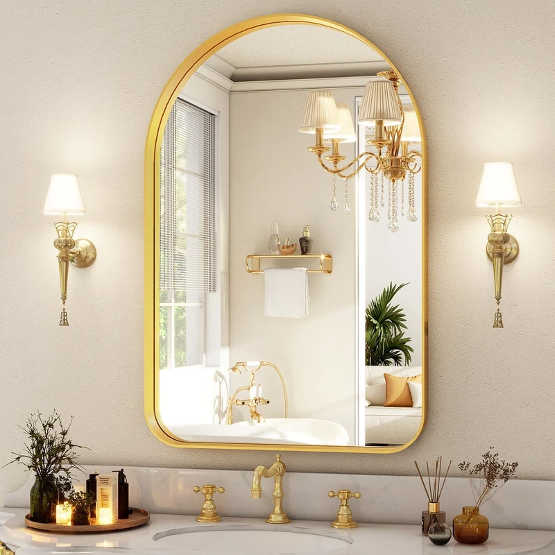 Arched Bathroom Mirror - 38x26 Inch Gold Bathroom Mirror for Wall - Aluminum Alloy Framed Mirror - Arched Top Bathroom Vanity Mirror for Living Room, Bedroom, Mantel, Entryway, and Hallways