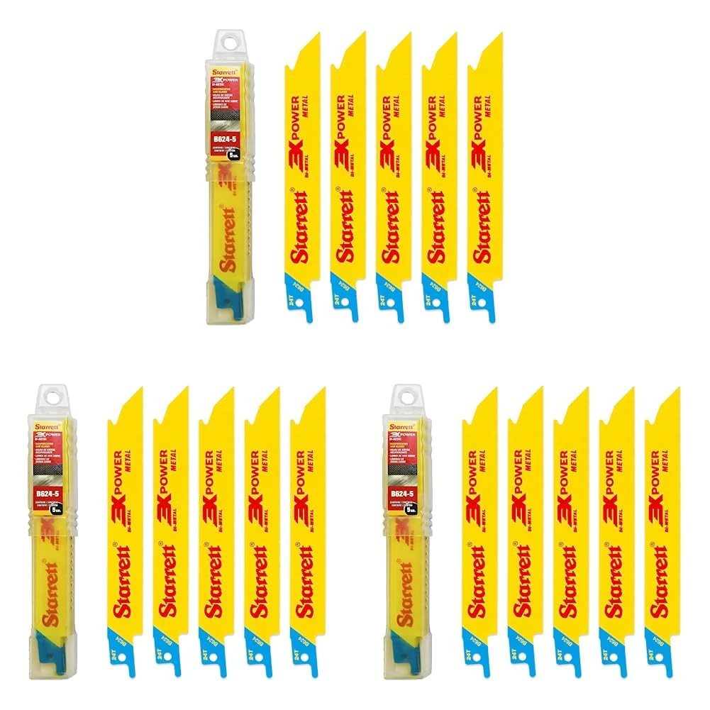 Starrett Metal Cutting Reciprocating Saw Blade - 5 Pieces B624-5 150 mm/6" Inch 24 TPI Unified Shank Straight Cut Bi-Metal - Compatible with Bosch Dewalt Makita & Many Others (Pack of 3)