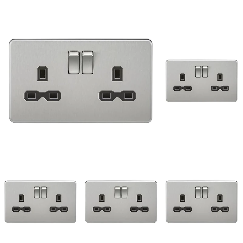 Knightsbridge SFR9000BC Twin Screwless 13A 2G Dp Switched Socket-Brushed Chrome with Black Insert, 230 V (Pack of 5)