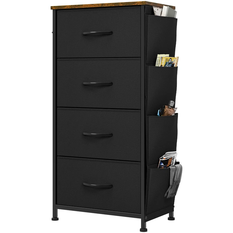 YITAHOME Chest of Drawers, Dresser with side pockets & hooks, Fabric 4 Drawers with Handles, Metal Frame, Wood Top, for Bedroom,Living Room,Hallway, Black