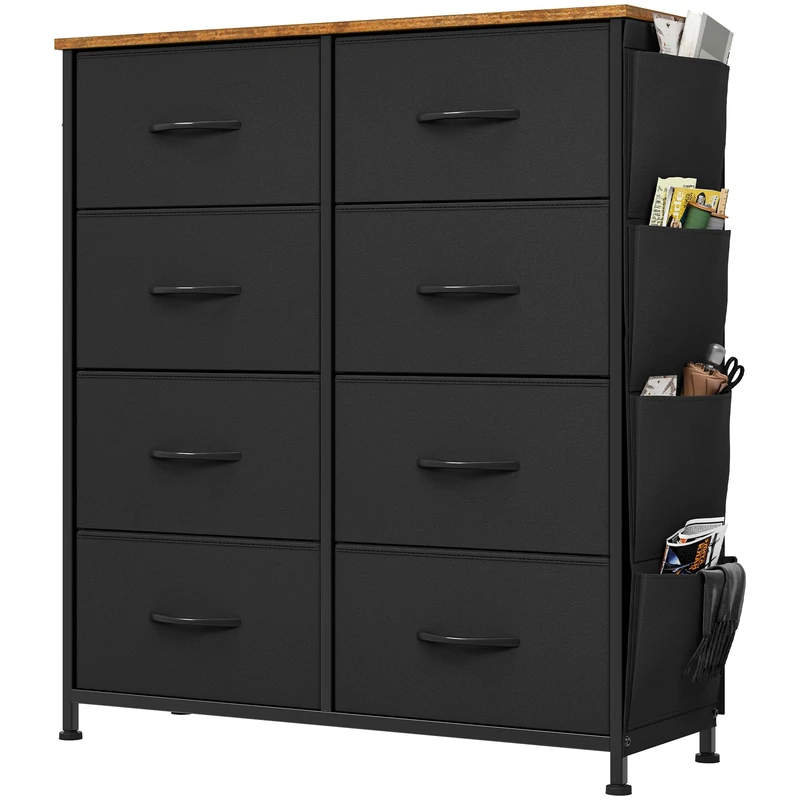 YITAHOME Chest of Drawers, Dresser with side pockets & hooks, Fabric 8 Drawers with Handles, Metal Frame, Wood Top, for Bedroom,Living Room,Hallway, Black