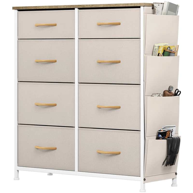 YITAHOME Chest of Drawers, Dresser with side pockets & hooks, Fabric 8 Drawers with Handles, Metal Frame, Wood Top, for Bedroom,Living Room,Hallway, Beige