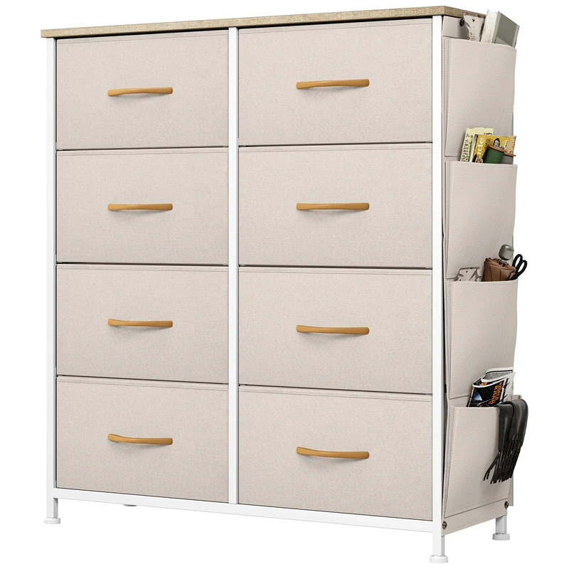YITAHOME Chest of Drawers, Dresser with side pockets & hooks, Fabric 8 Drawers with Handles, Metal Frame, Wood Top, for Bedroom,Living Room,Hallway, Beige