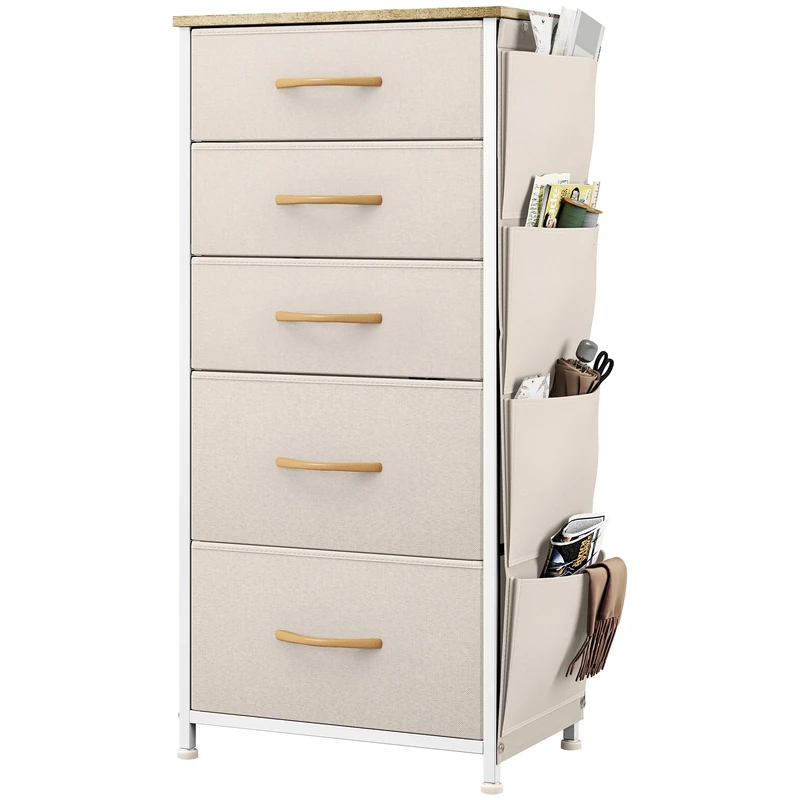 YITAHOME Chest of Drawers, Dresser with side pockets & hooks, Fabric 5 Drawers with Handles, Metal Frame, Wood Top, for Bedroom,Living Room,Hallway, Beige