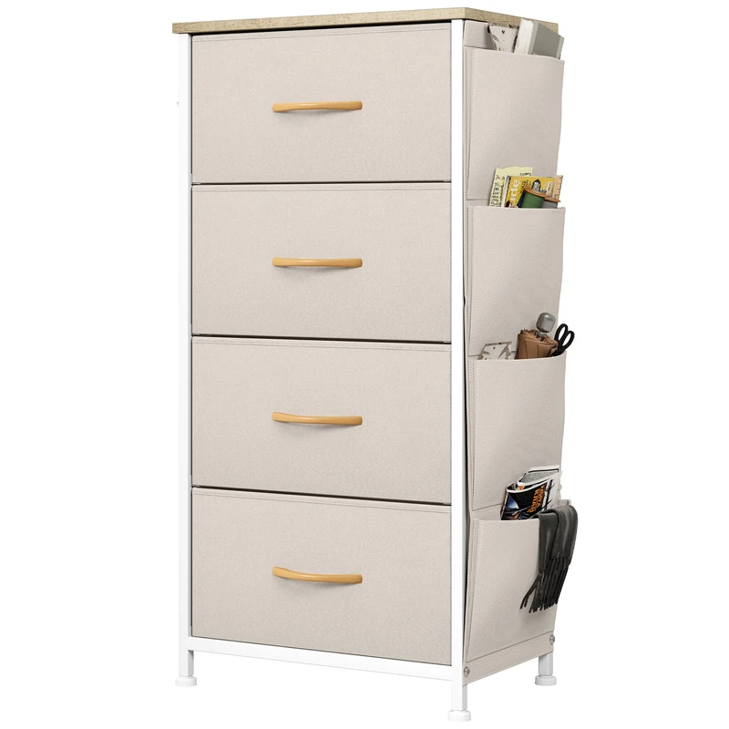 YITAHOME Chest of Drawers, Dresser with side pockets & hooks, Fabric 4 Drawers with Handles, Metal Frame, Wood Top, for Bedroom,Living Room,Hallway, Beige