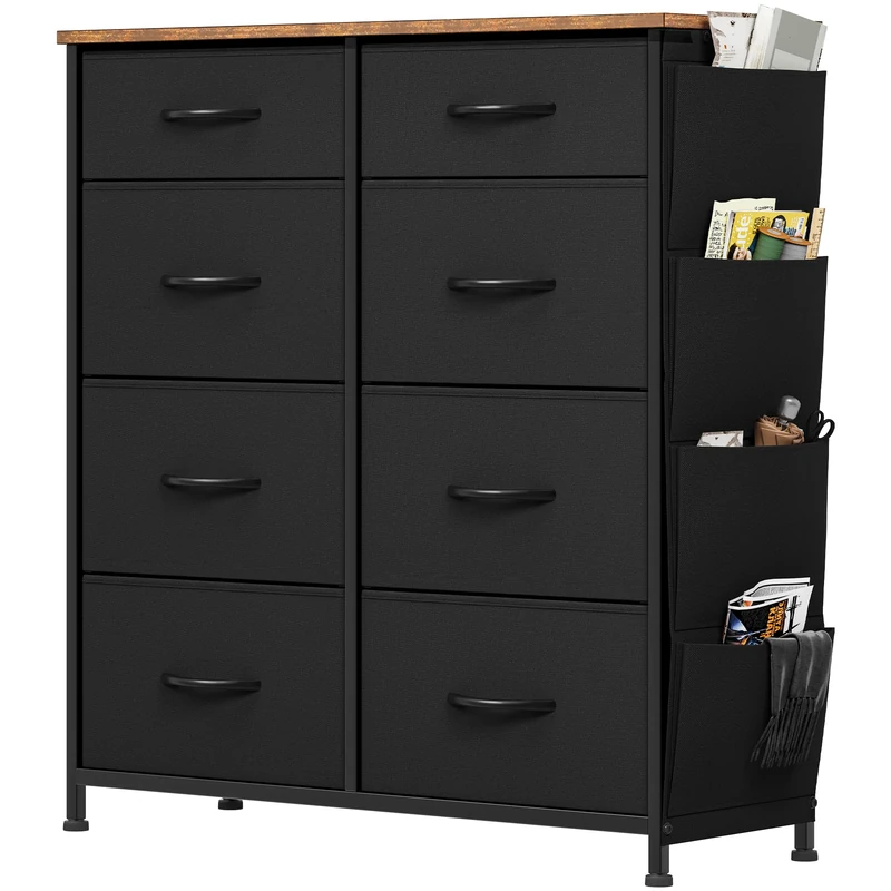 YITAHOME Chest of Drawers, Dresser with side pockets & hooks, Fabric 8 Drawers with Handles, Metal Frame, Wood Top, for Bedroom,Living Room,Hallway, Black