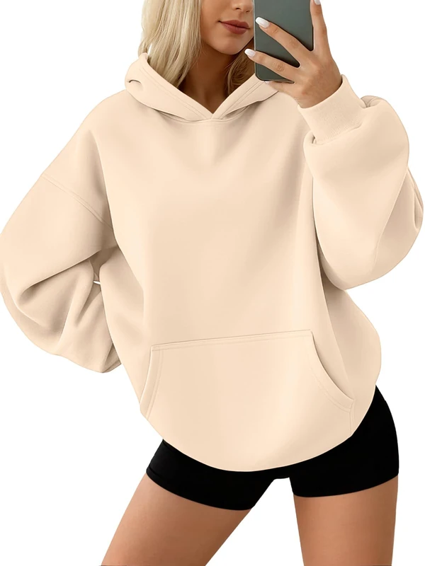 AUTOMET Womens Oversized Sweatshirts Fleece Hoodies Long Sleeve Shirts Pullover Fall Outfits 2024 with Pocket, Apricot, Medium
