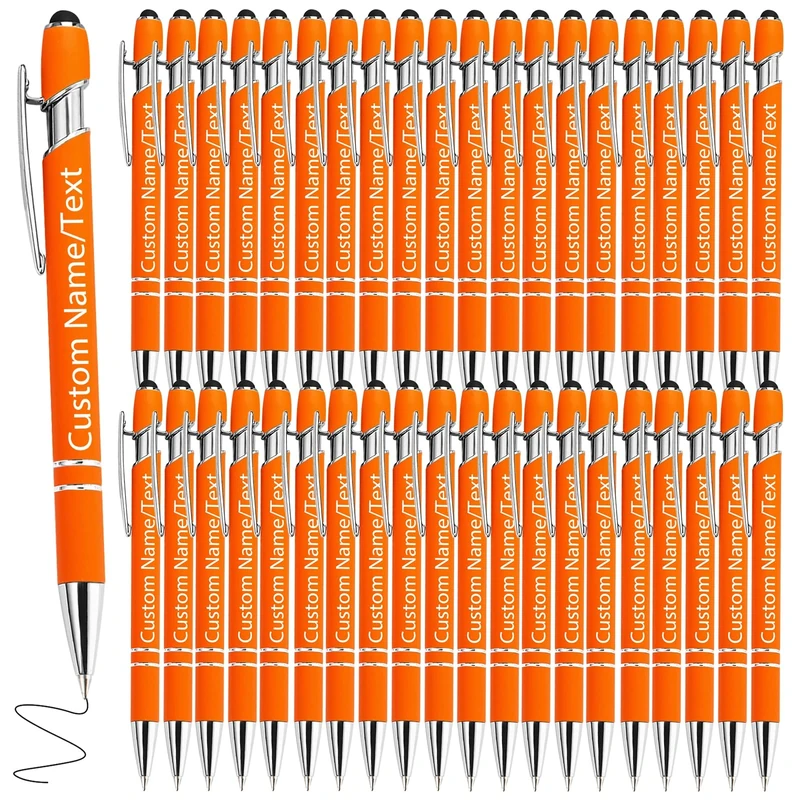 WBgjsnklbnl Personalised Pens with Name 300 Pack Custom Pens Bulk Customized Engraved Black Ink Ballpoint Pen with Stylus Tips for Men Business Adults Women Teacher Nurses Wedding Gift-Orange