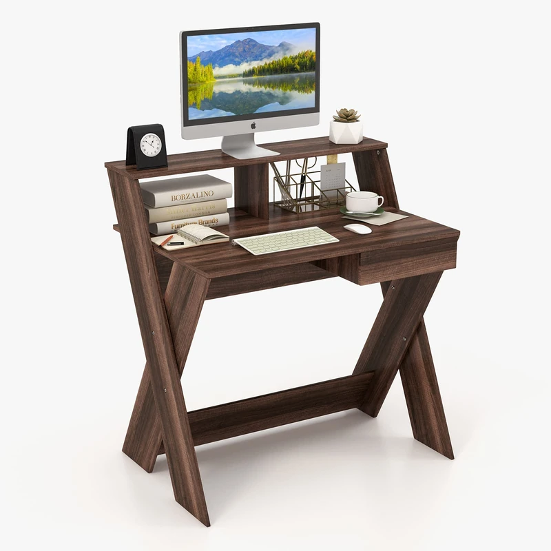 COSTWAY Desk, Metal Wood, walnut, 90 x 61 x 94 cm