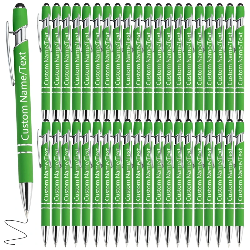 WBgjsnklbnl Personalised Pens with Name 300 Pack Custom Pens Bulk Customized Engraved Black Ink Ballpoint Pen with Stylus Tips for Men Business Adults Women Teacher Nurses Wedding Gift-Light Green