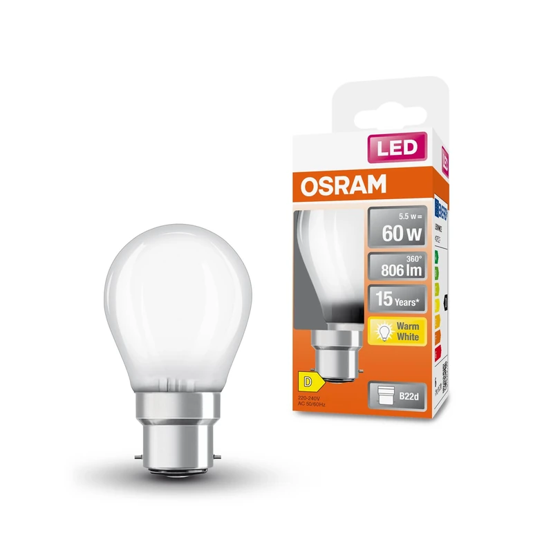 OSRAM Led Star Classic P60 Led Lamp for B22D Base, Drop Shape, Gl Fr, 806 Lumens, Warm White (2700K), Replacement for Conventional 60W Light Bulbs, Not Dimmable, 6-Pack