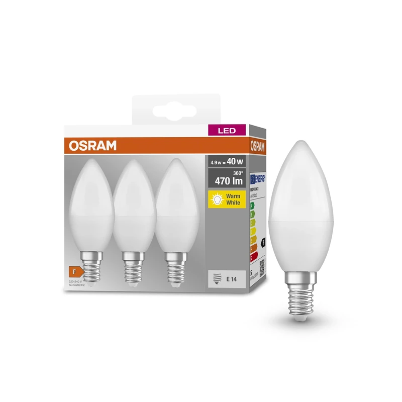 OSRAM Base Classic B 40 FR Led Lamp with E14 Base, Mini Candle Shape, Triple Pack, 4.9W, 470Lm, 2700K, Warm White Light, Low Heat Output, Very Low Energy Consumption, Long Life