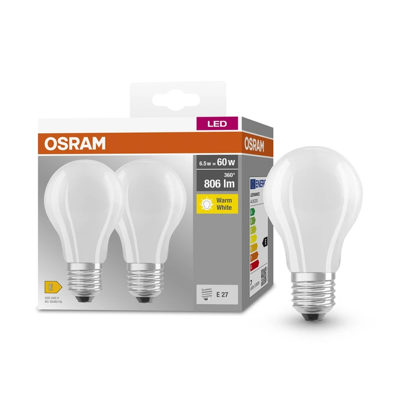 OSRAM Base Classic A Glfr 60 Led Lamp with E27 Base, Bulb Shape, Twin Pack, 6.5W, 806Lm, 2700K, Warm White Light, Low Heat Output, Long Life, Low Energy Consumption