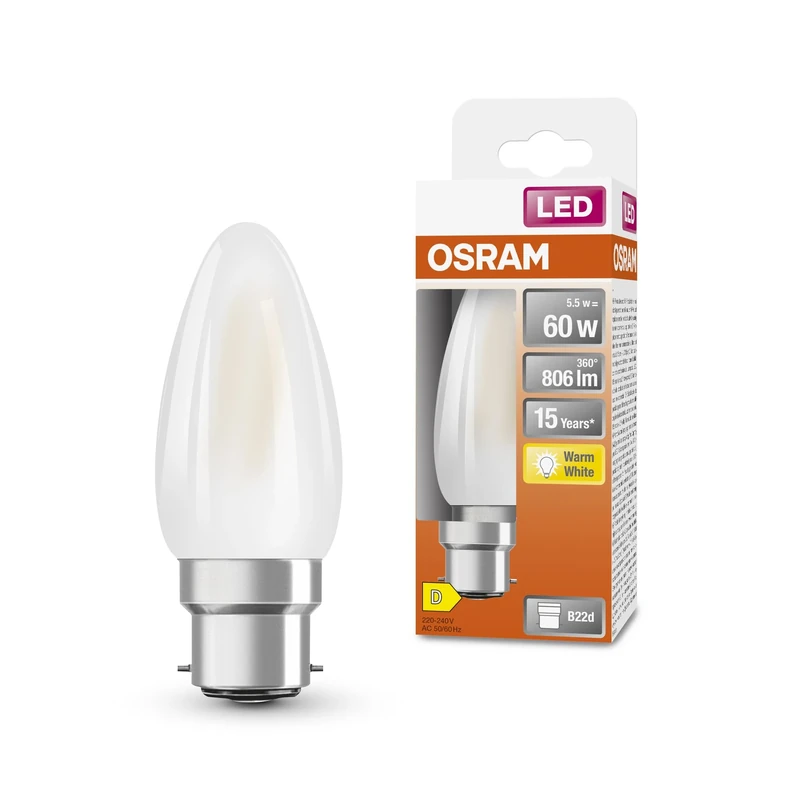 OSRAM Led Star Classic B60 Led Lamp for B22D Base, Candle Shape, Gl Fr, 806 Lumens, Warm White (2700K), Replacement for Conventional 60W Light Bulbs, Not Dimmable, 6-Pack