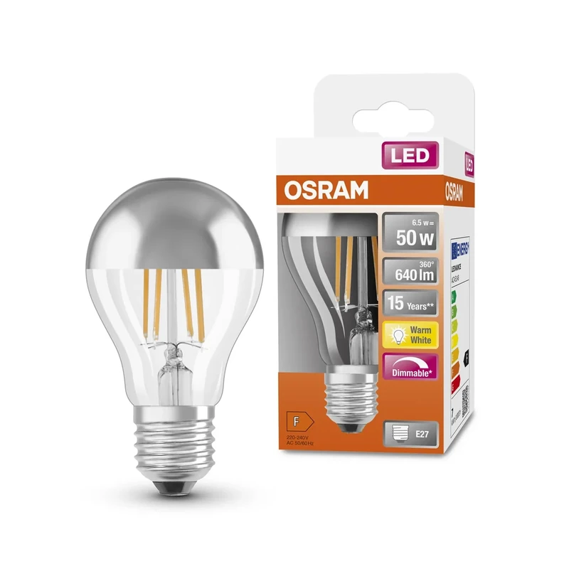 OSRAM Led Superstar Classic A50 Dimmable Led Lamp for E27 Socket, Pear Shape, Fil Mirror Silver, 640 Lumens, Warm White (2700K), Replacement for Conventional 50W Light Bulbs, 6-Pack