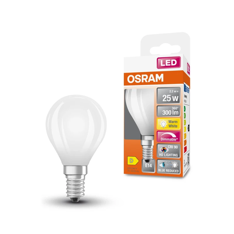 OSRAM Superstar+ Classic P Glfr 25 Led Lamp, E14, Mini Ball Shape, 2.2W, 300Lm, 2700K, Warm White Light, Reduced Blue Component, Low Eye Strain, Dimmable, Low Energy Consumption