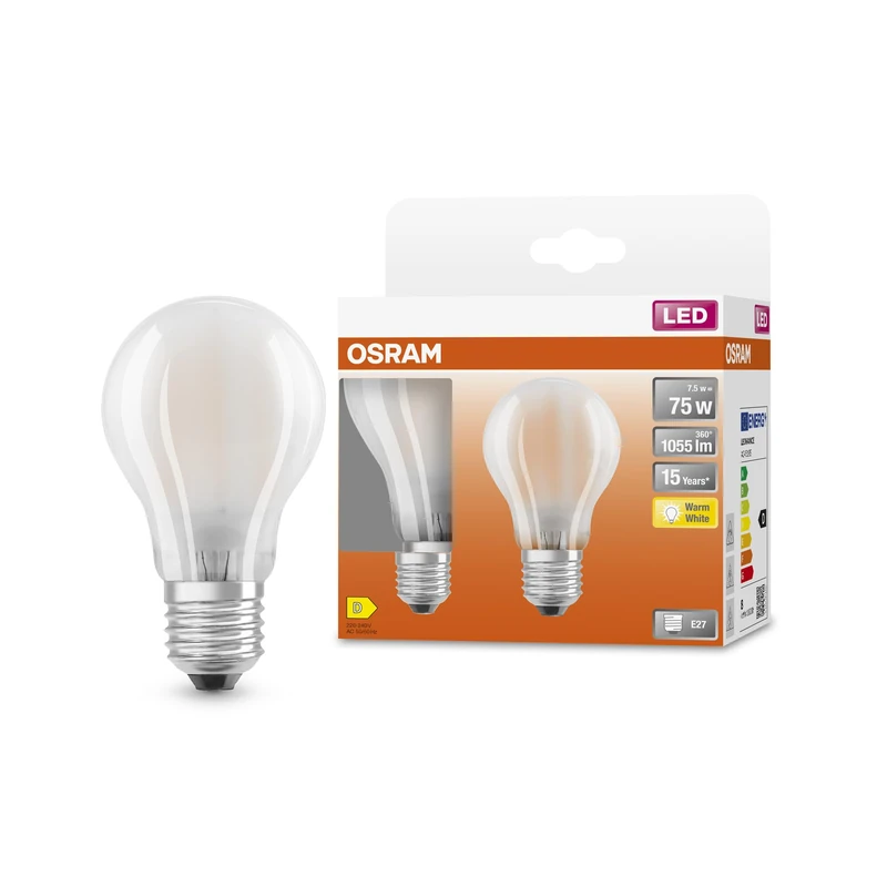 OSRAM Led Star Classic A75 Led Lamp for E27 Socket, Pear Shape, Gl Fr, 1055 Lumens, Warm White (2700K), Replacement for Conventional 75W Light Bulbs, Not Dimmable, 6-Pack