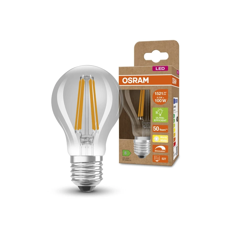 OSRAM Superstar+ Classic A Fil 100 Led Lamp, E27, Bulb Shape, 8.2W, 1521Lm, 2700K, Warm White Light, Dimmable, Led Filament Technology, Very Low Energy Consumption, Energy Efficiency Class B