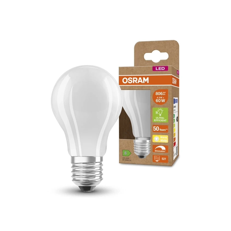 OSRAM Superstar+ Classic A Glfr 60 Led Lamp, E27, Bulb Shape, 4.3W, 806Lm, 2700K, Warm White Light, Dimmable, Led Filament Technology, Very Low Energy Consumption, Energy Efficiency Class B